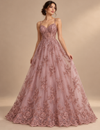 Tul bordado Floral con Orilla Ondulada Color Palo de Rosa A926 — Palacio Glamour
