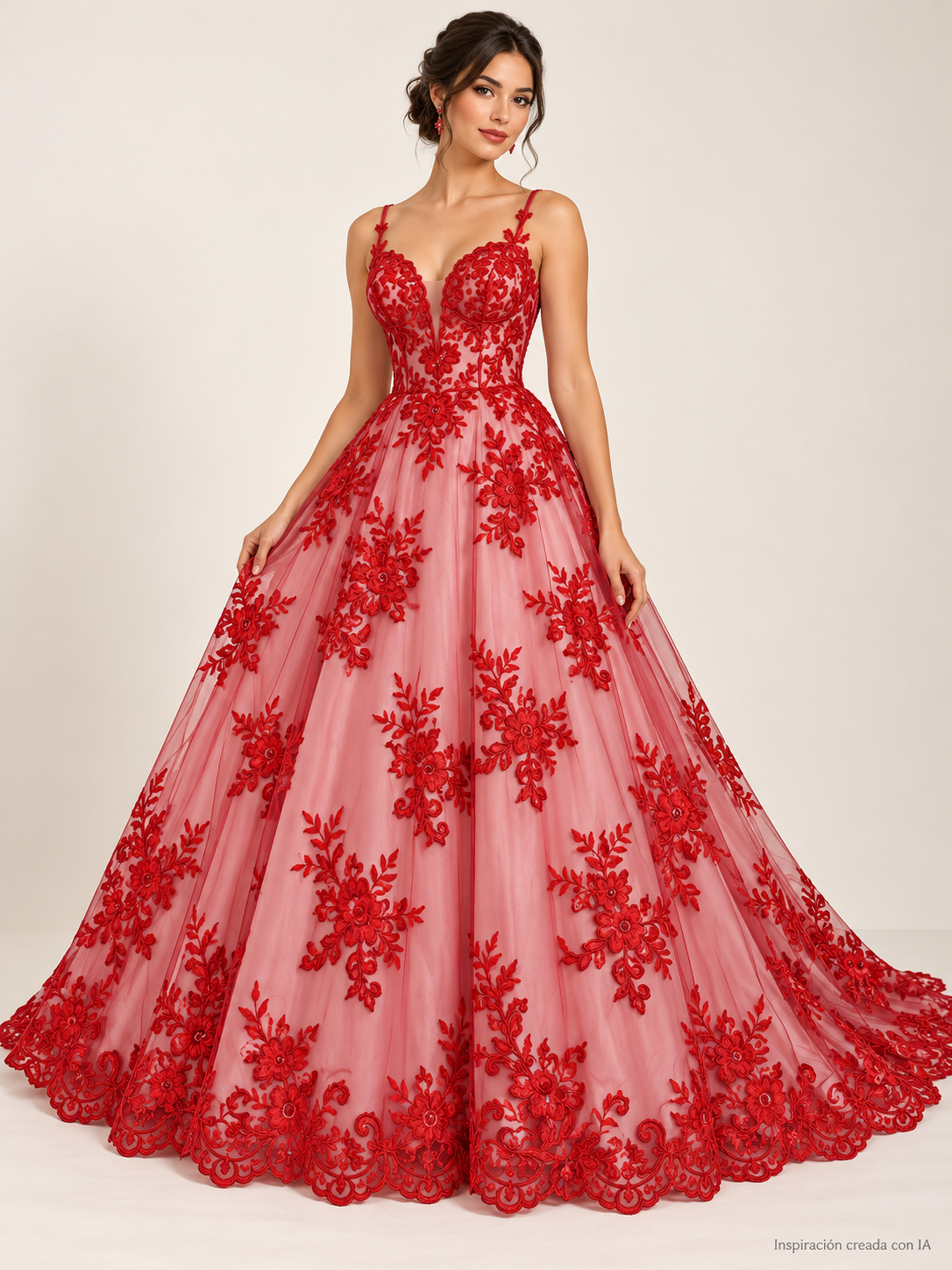 Tul bordado Floral con Orilla Ondulada Color Rojo A926 — Palacio Glamour