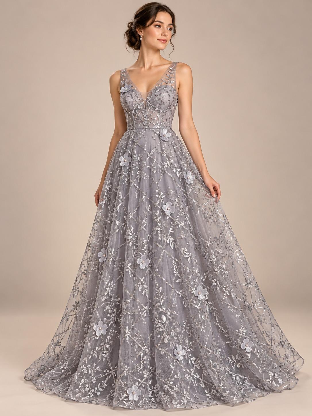 Tul bordado color plata A928 — Palacio Glamour