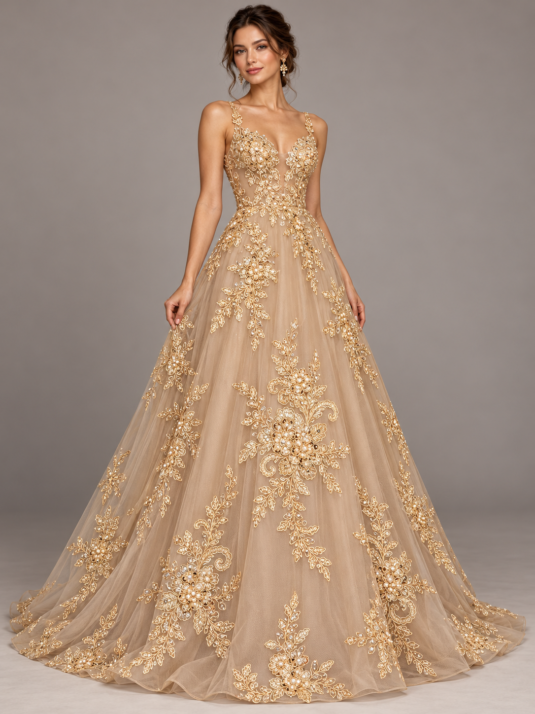 Tul bordado color oro A948 — Palacio Glamour