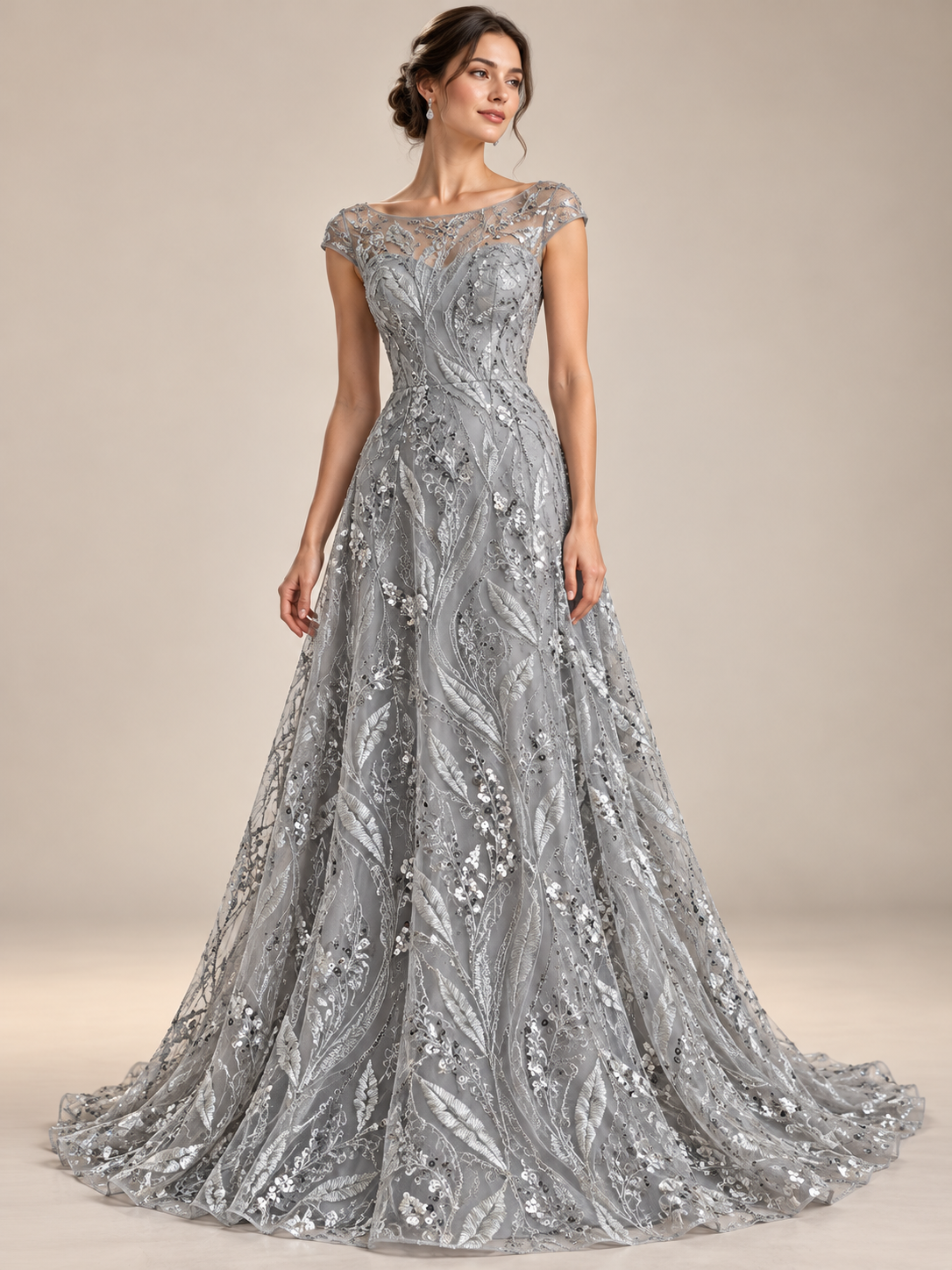 Tul bordado color gris A951 — Palacio Glamour