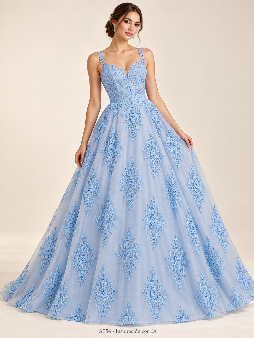 Tul bordado color cielo A954 — Palacio Glamour