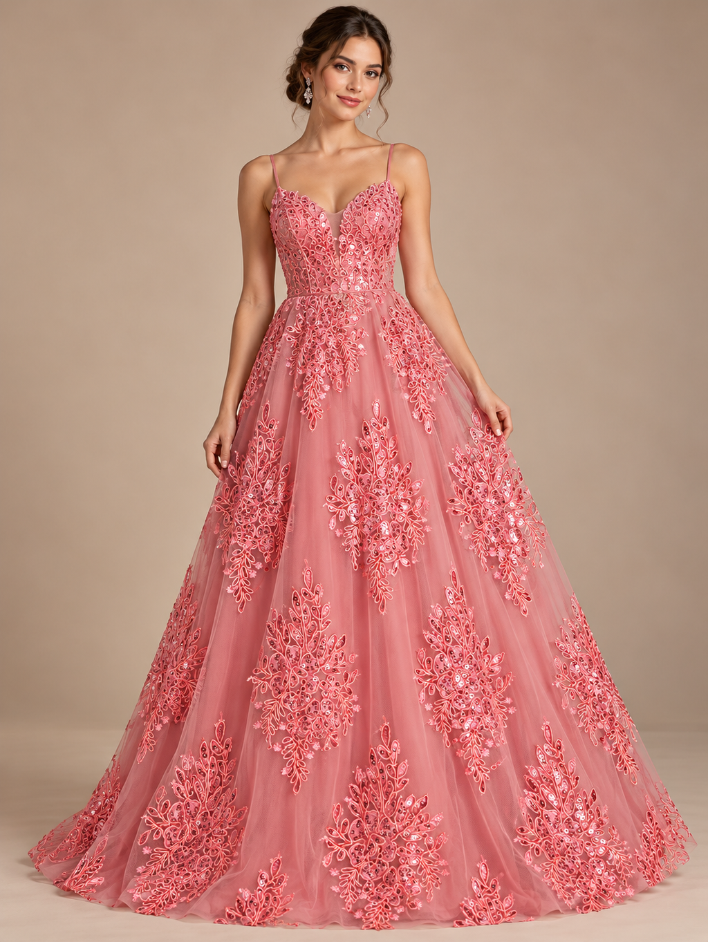 Tul bordado color rosa coral A961 — Palacio Glamour