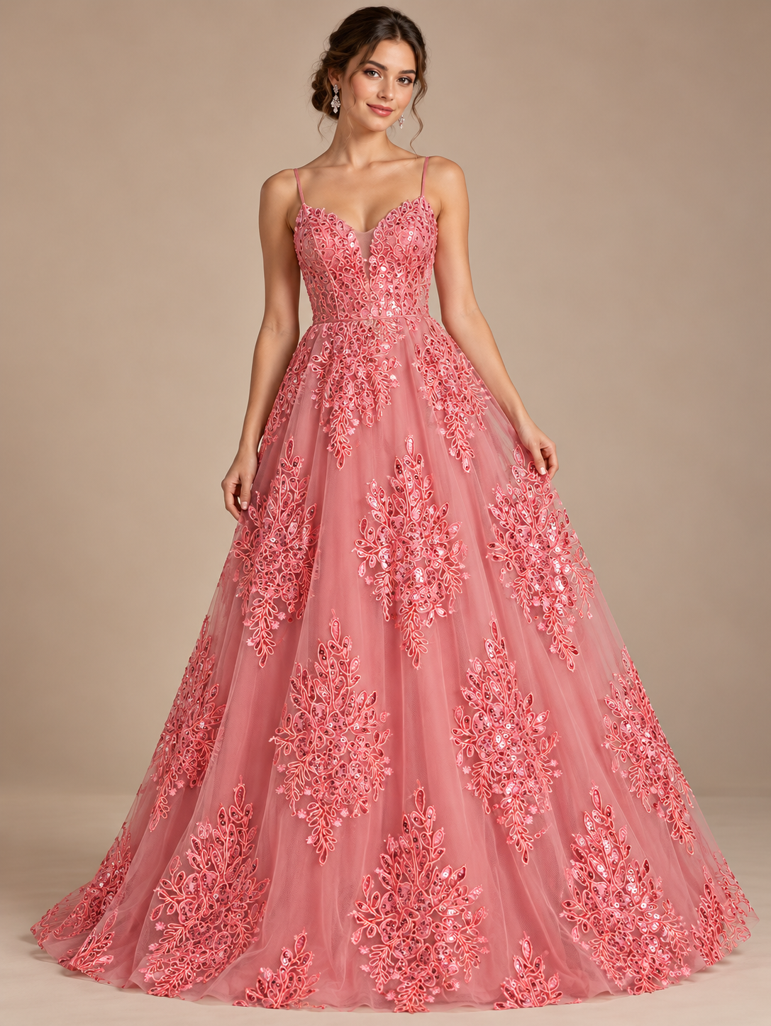 Tul bordado color rosa coral A961 — Palacio Glamour