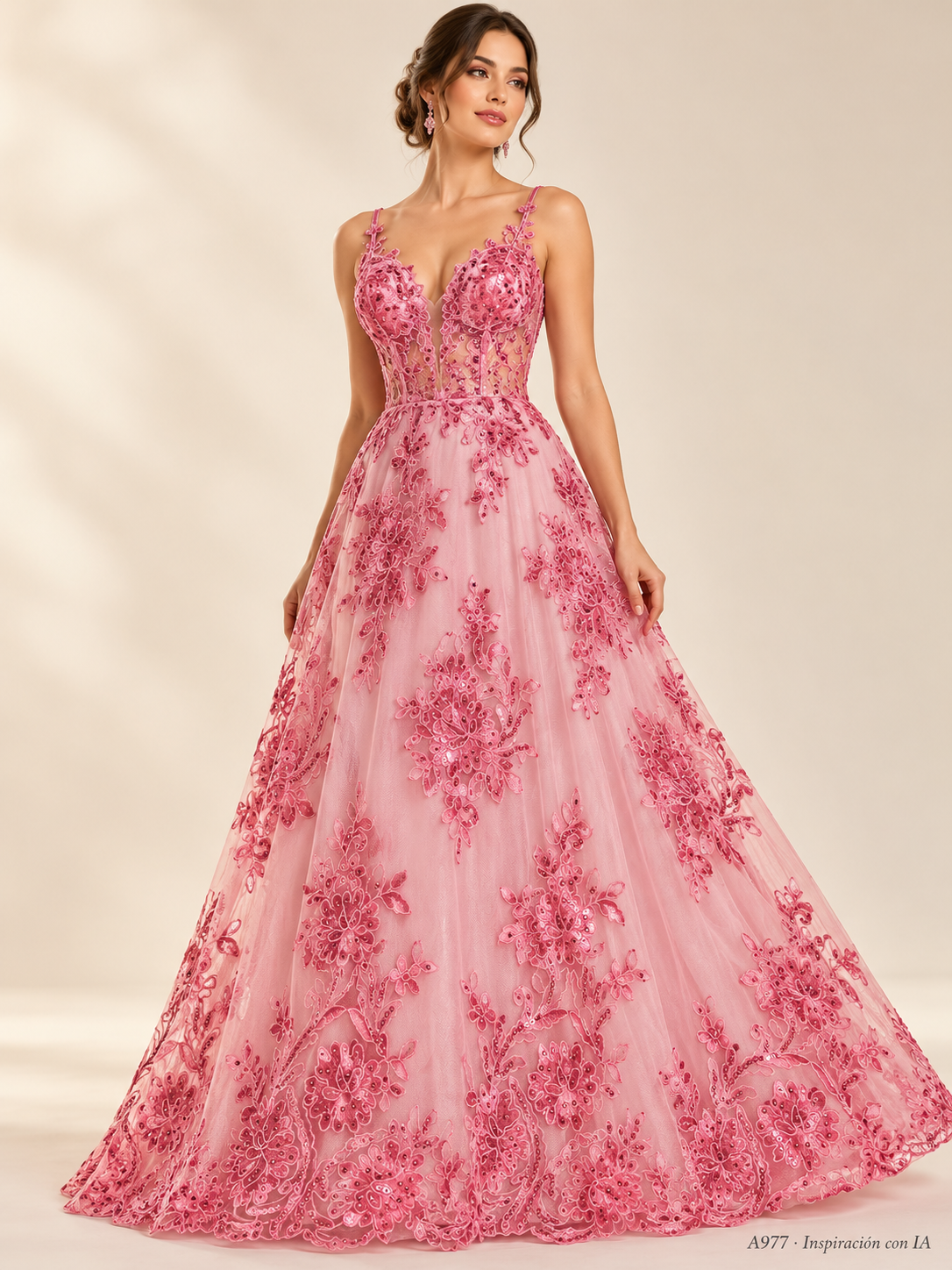 Tul bordado colo rosa coral A977 — Palacio Glamour