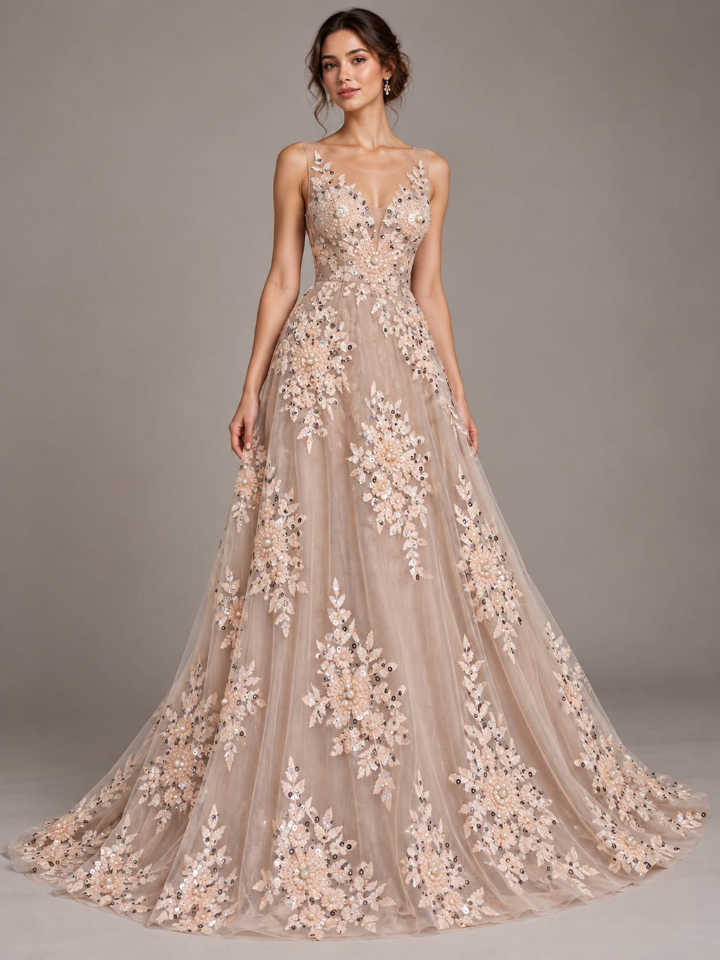 Tul bordado color nude A980 — Palacio Glamour