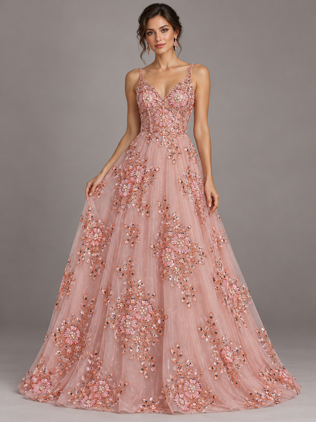 Tul bordado color coral A981 — Palacio Glamour