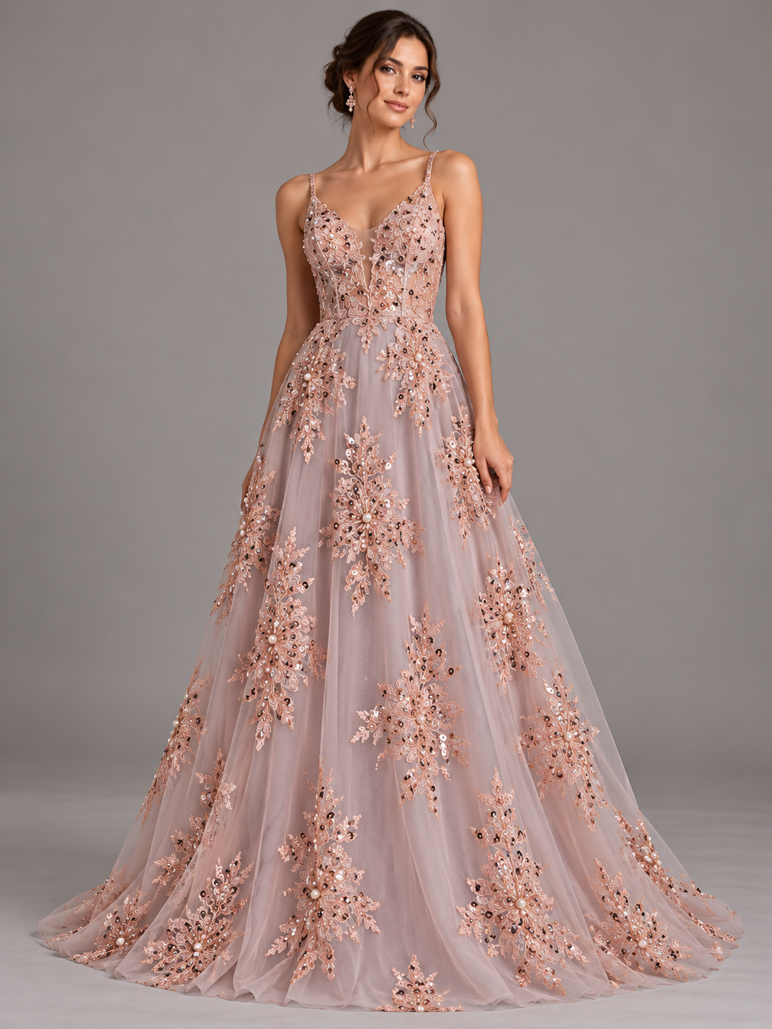 Tul bordado color rosa oro A982 — Palacio Glamour