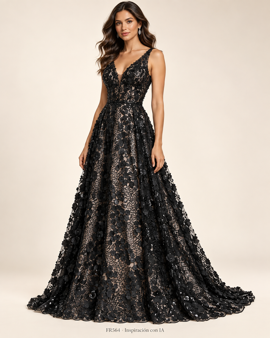 Tul bordado FR564 negro con lentejuelas para vestidos de gala y fiesta — Palacio Glamour