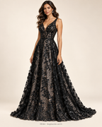Tul bordado FR564 negro con lentejuelas para vestidos de gala y fiesta — Palacio Glamour