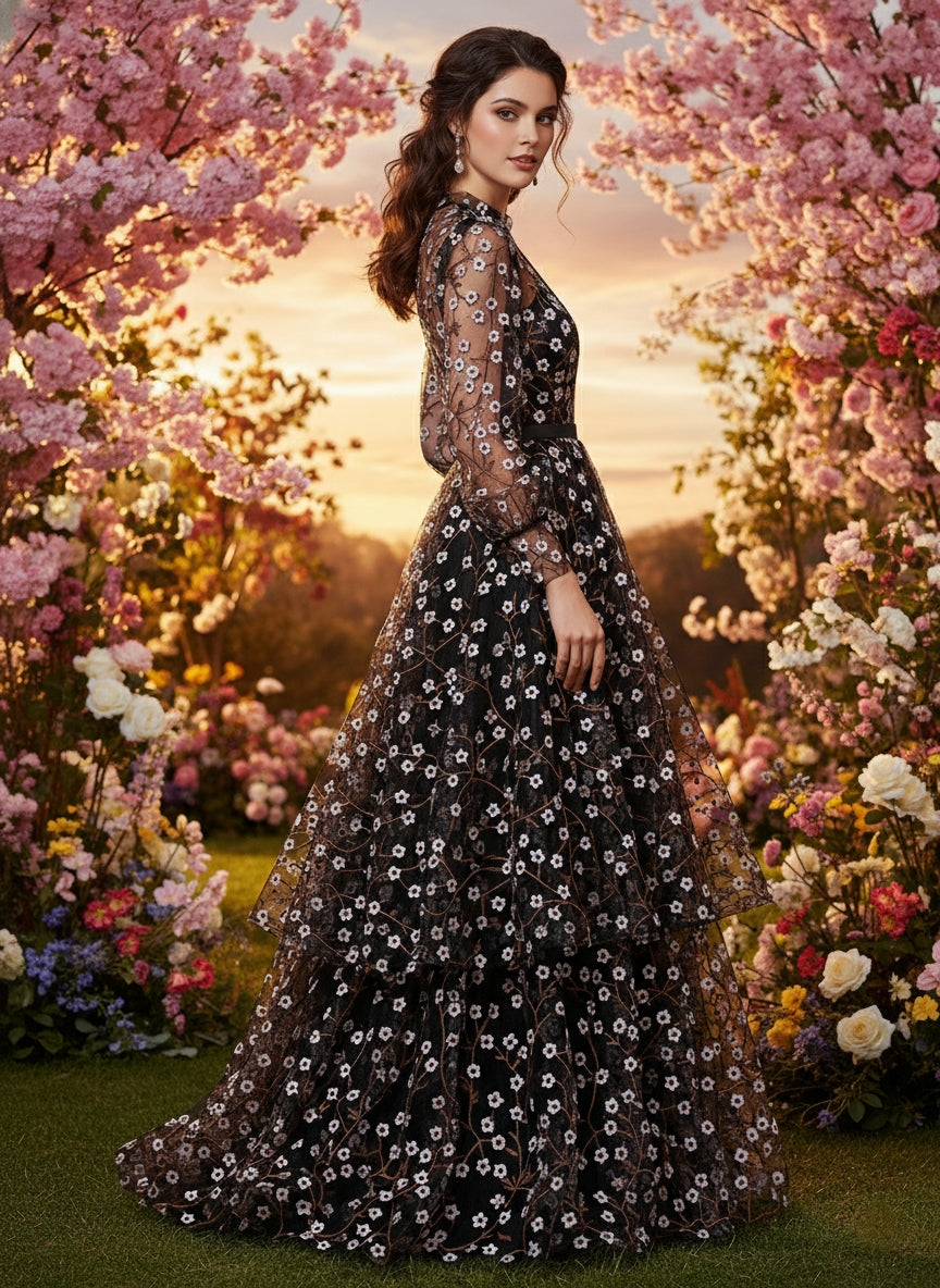 Tul bordado Con Flores 3d Y Ramajes Color Rosa A621 — Palacio Glamour