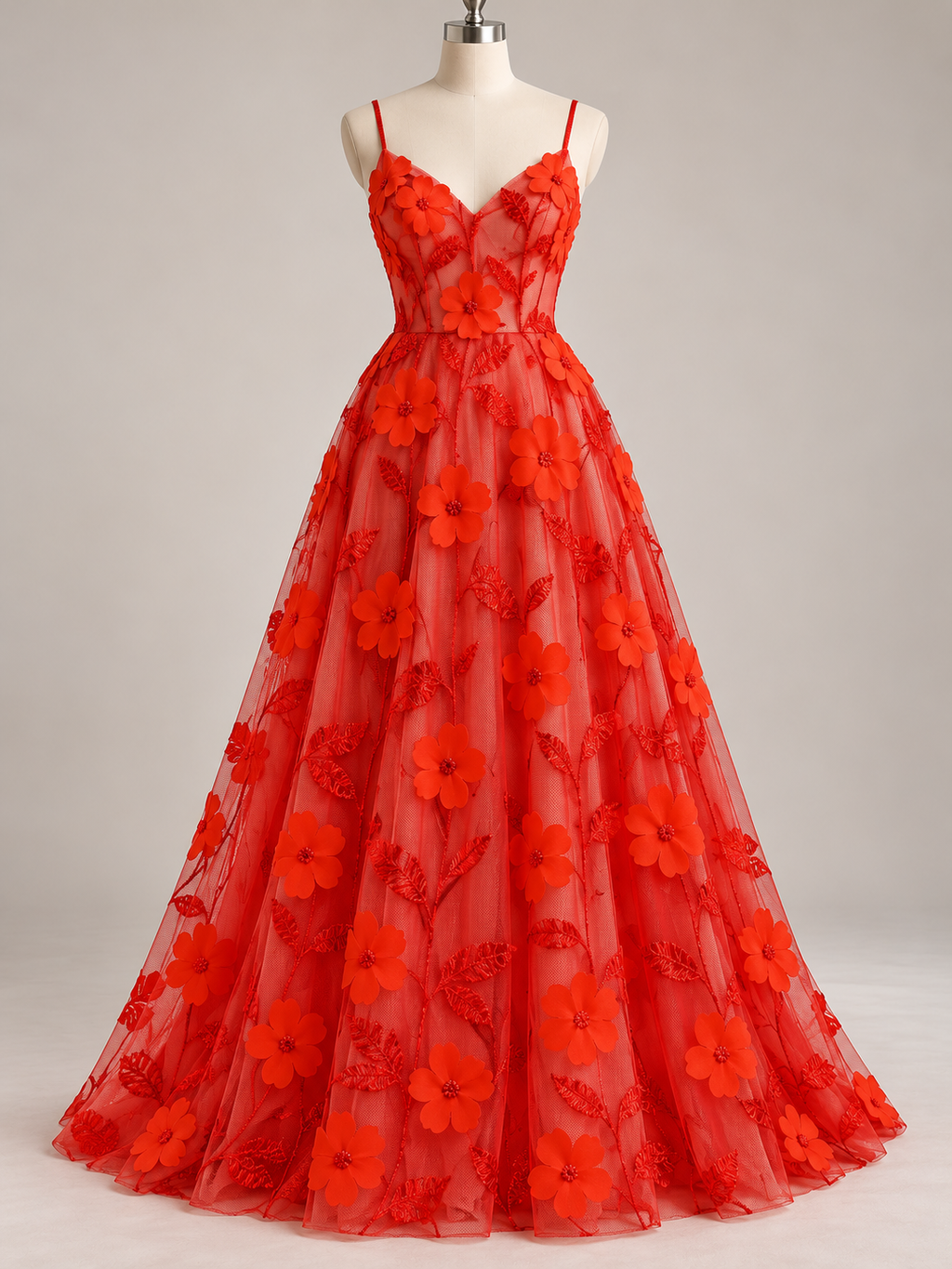 Tul bordado floral con flores 3D color Rojo - FR817 para vestidos de noche, boda y XV años — Palacio Glamour