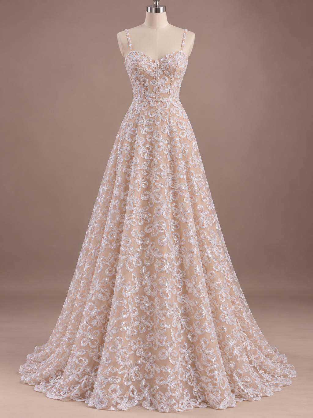Tul bordado con motivos curvos y lentejuelas color Hueso - FR831 para vestidos de noche, boda y XV años — Palacio Glamour