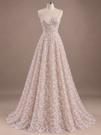 Tul bordado con motivos curvos y lentejuelas color Hueso - FR831 para vestidos de noche, boda y XV años — Palacio Glamour