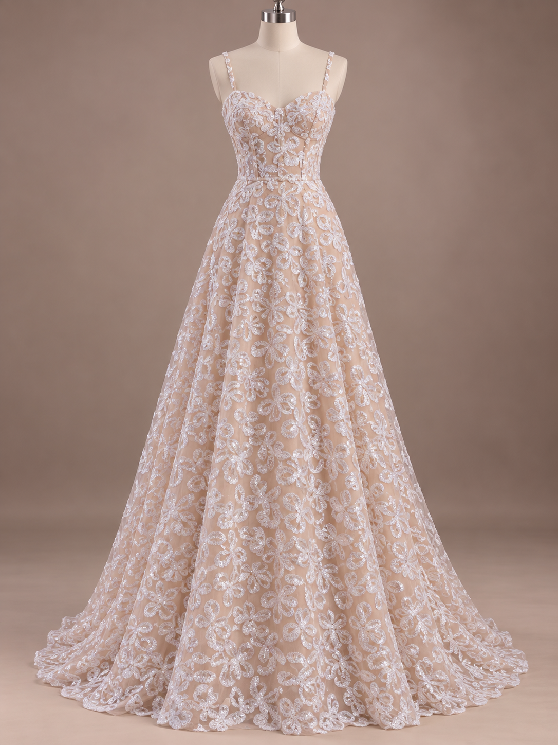 Tul bordado con motivos curvos y lentejuelas color Hueso - FR831 para vestidos de noche, boda y XV años — Palacio Glamour