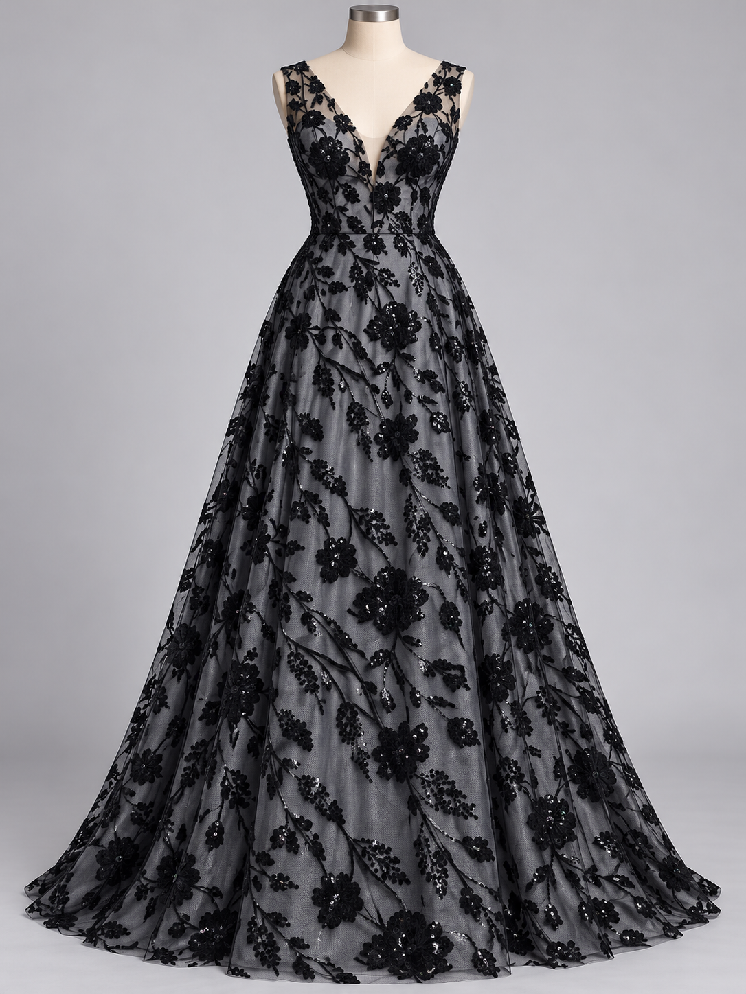 Tul bordado floral con lentejuelas color Negro - FR930 para vestidos de noche, boda y XV años — Palacio Glamour