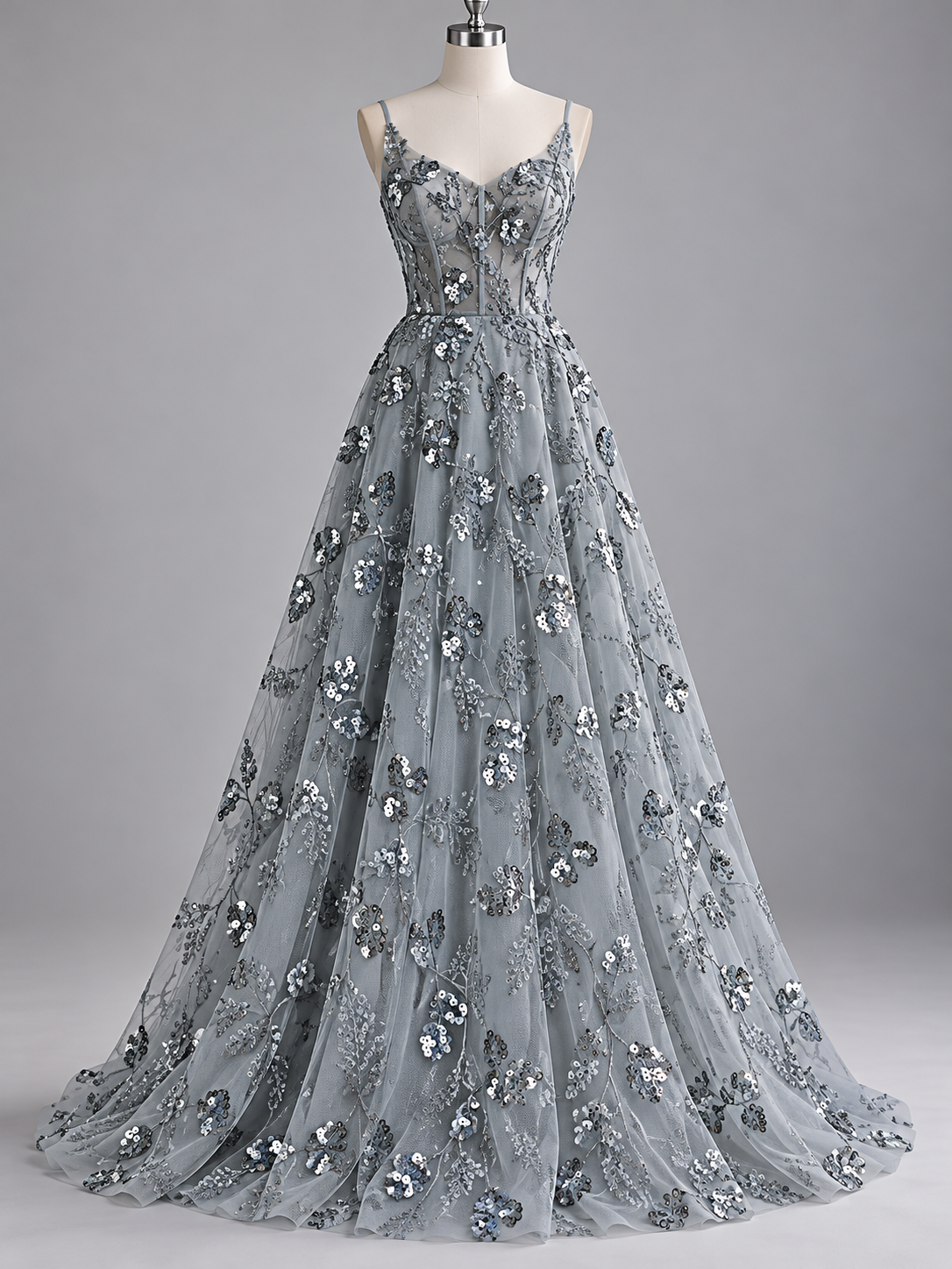 Tul bordado floral con aplicaciones y lentejuelas color Gris - FR930 para vestidos de noche, boda y XV años — Palacio Glamour