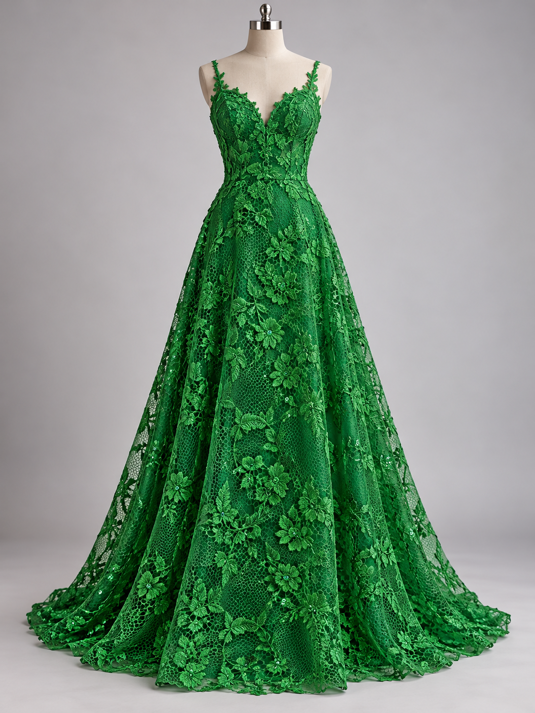 Tul bordado floral con aplicaciones color Esmeralda - FR975 para vestidos de noche, boda y XV años — Palacio Glamour