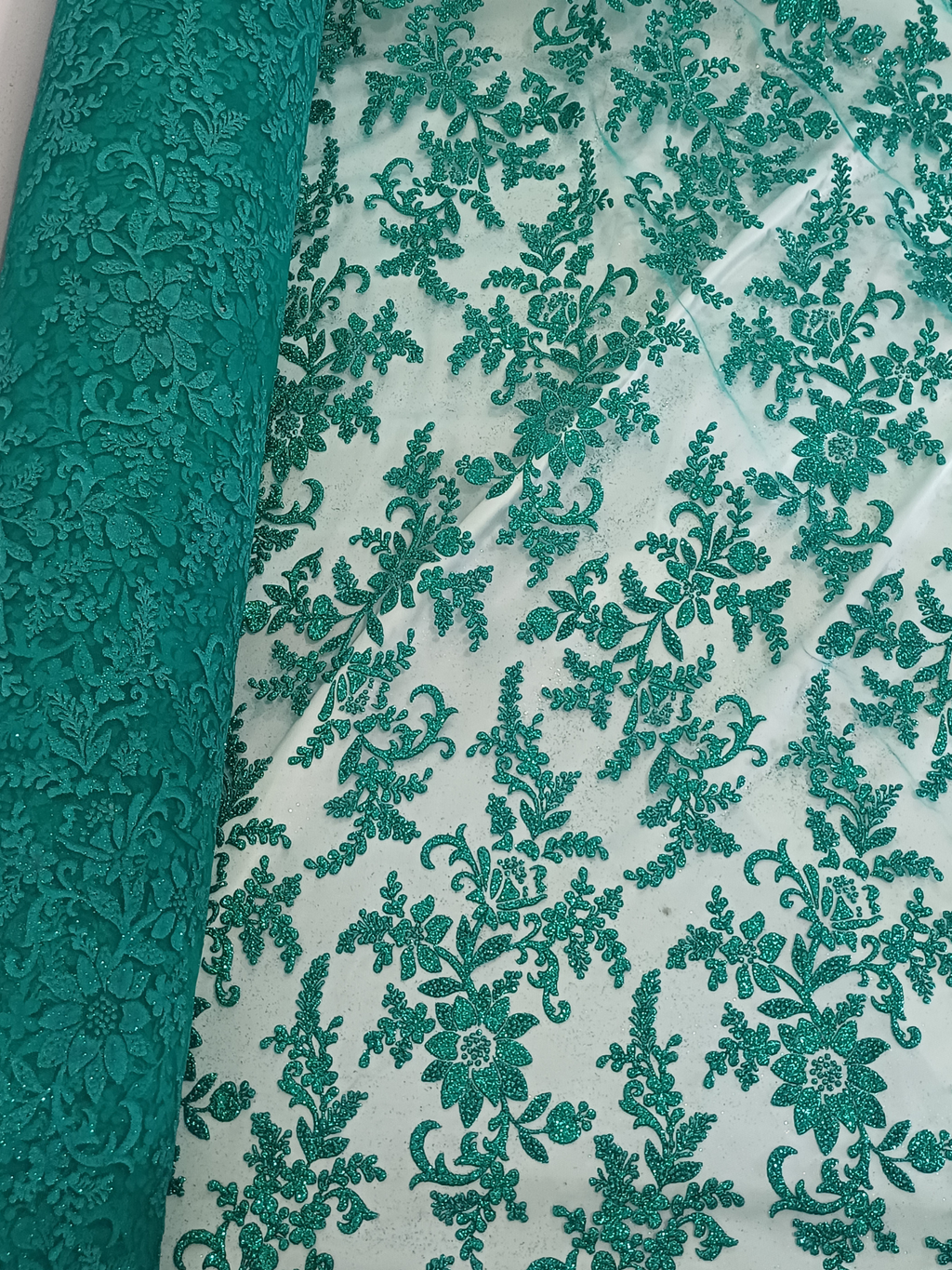 Tul Bordado Con Estampado en Glitter Diseño Floral Color Esmeralda- HH240 — Palacio Glamour