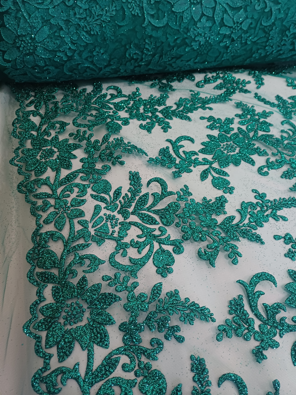 Tul Bordado Con Estampado en Glitter Diseño Floral Color Esmeralda- HH240 — Palacio Glamour