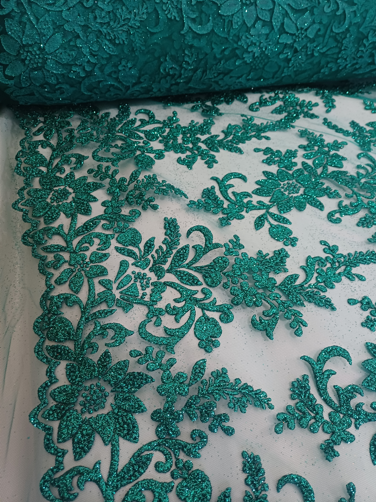 Tul Bordado Con Estampado en Glitter Diseño Floral Color Esmeralda- HH240 — Palacio Glamour