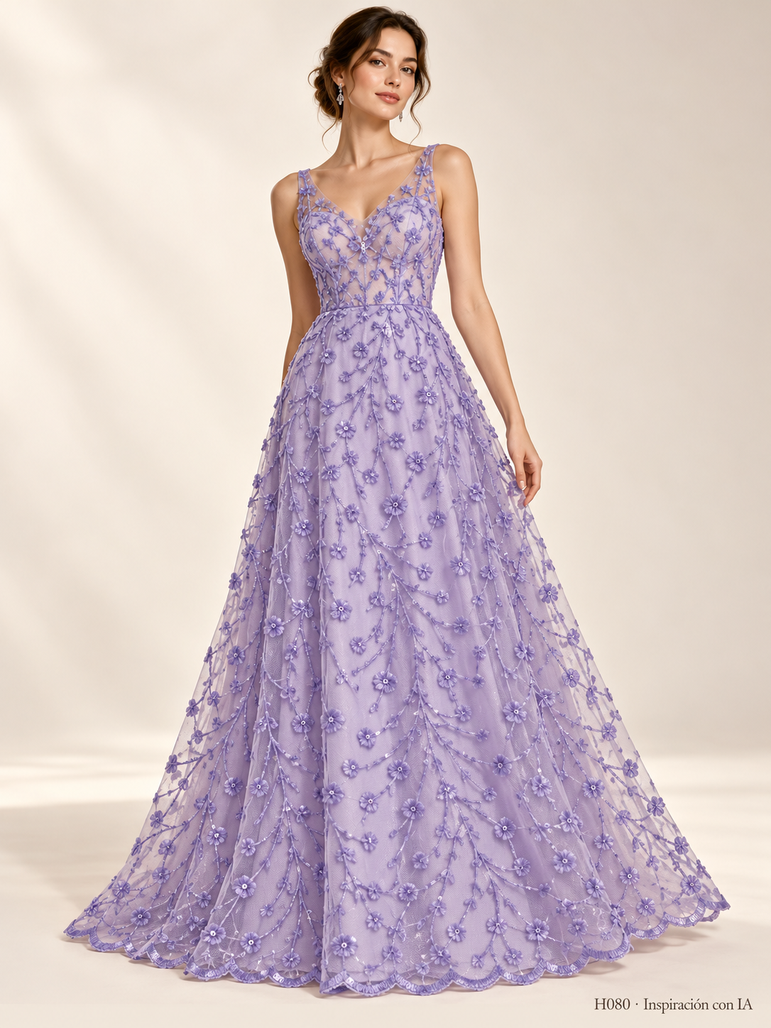 Tul bordado Floral y Lentejuela Color Lila Claro H080 — Palacio Glamour