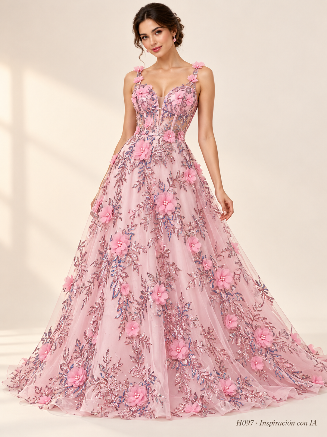 Tul bordado color palo de rosa H097, para vestidos de boda de noche y de ceremonia — Palacio Glamour