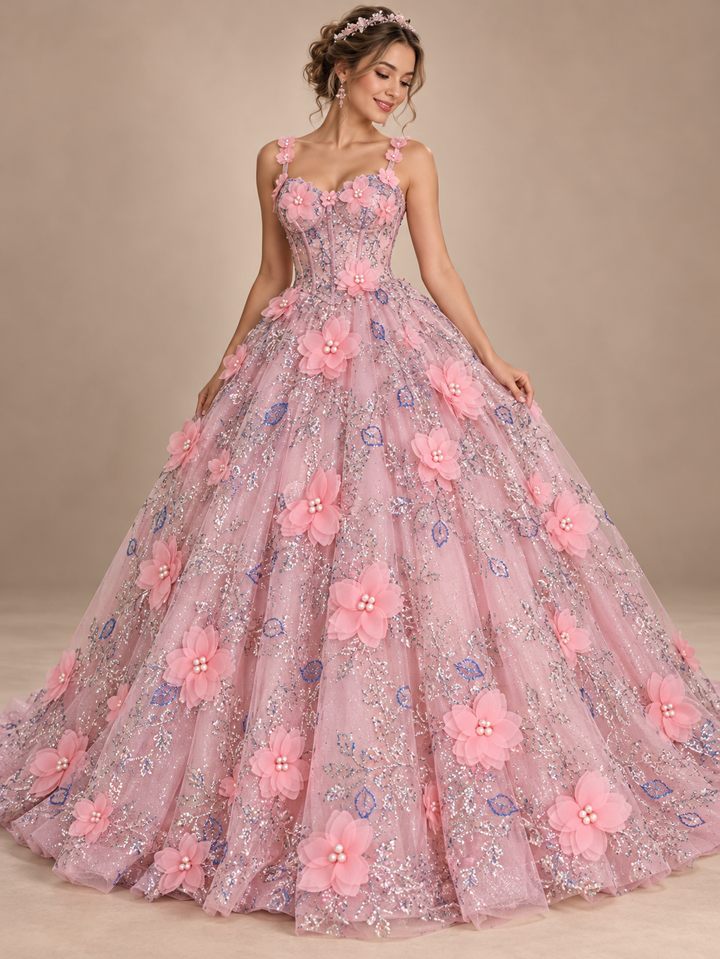 Tul bordado color rosa pastel H097 — Palacio Glamour