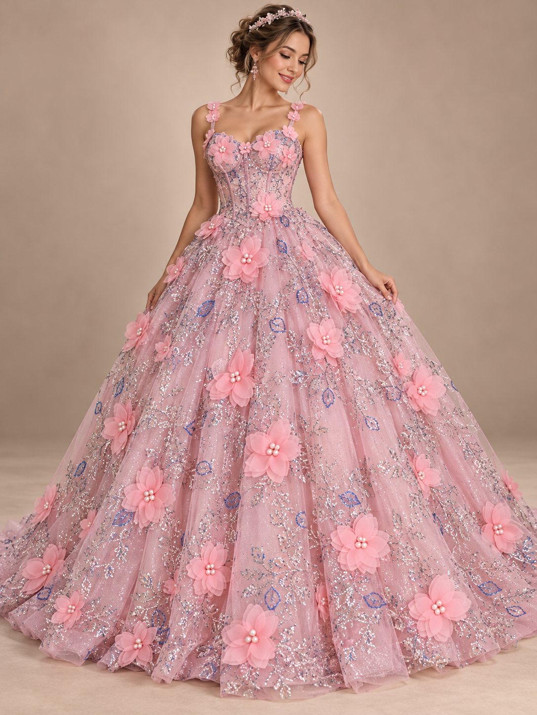 Tul bordado color rosa pastel H097 — Palacio Glamour