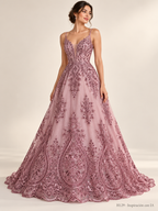 Tul bordado color palo de rosa H129, para vestidos de noche de boda y de XV años — Palacio Glamour