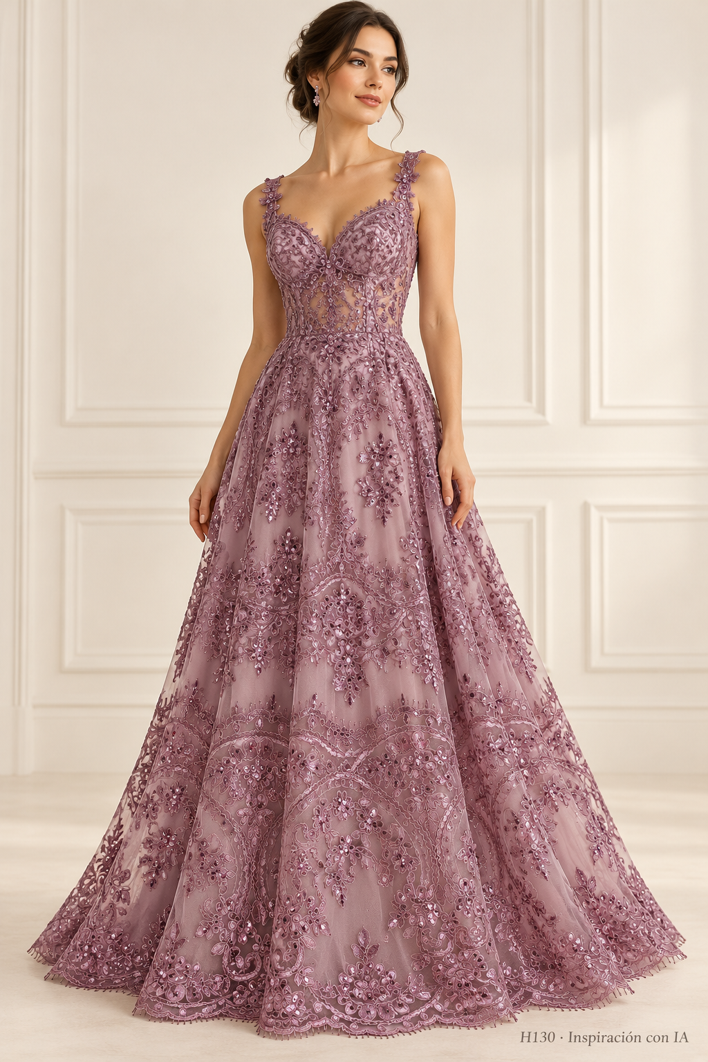 Tul bordado color palo de rosa H130, para vestidos de noche de boda y de XV años — Palacio Glamour