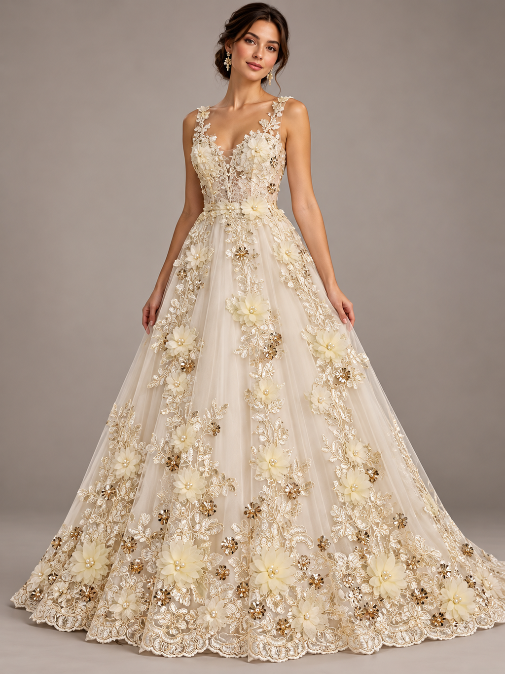 Tul bordado Con Flores 3d, Perla, Lentejuela Color Crema H134 — Palacio Glamour