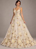 Tul bordado Con Flores 3d, Perla, Lentejuela Color Crema H134 — Palacio Glamour