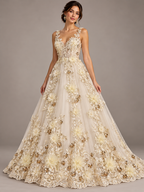 Tul bordado Con Flores 3d, Perla, Lentejuela Color Crema H134 — Palacio Glamour