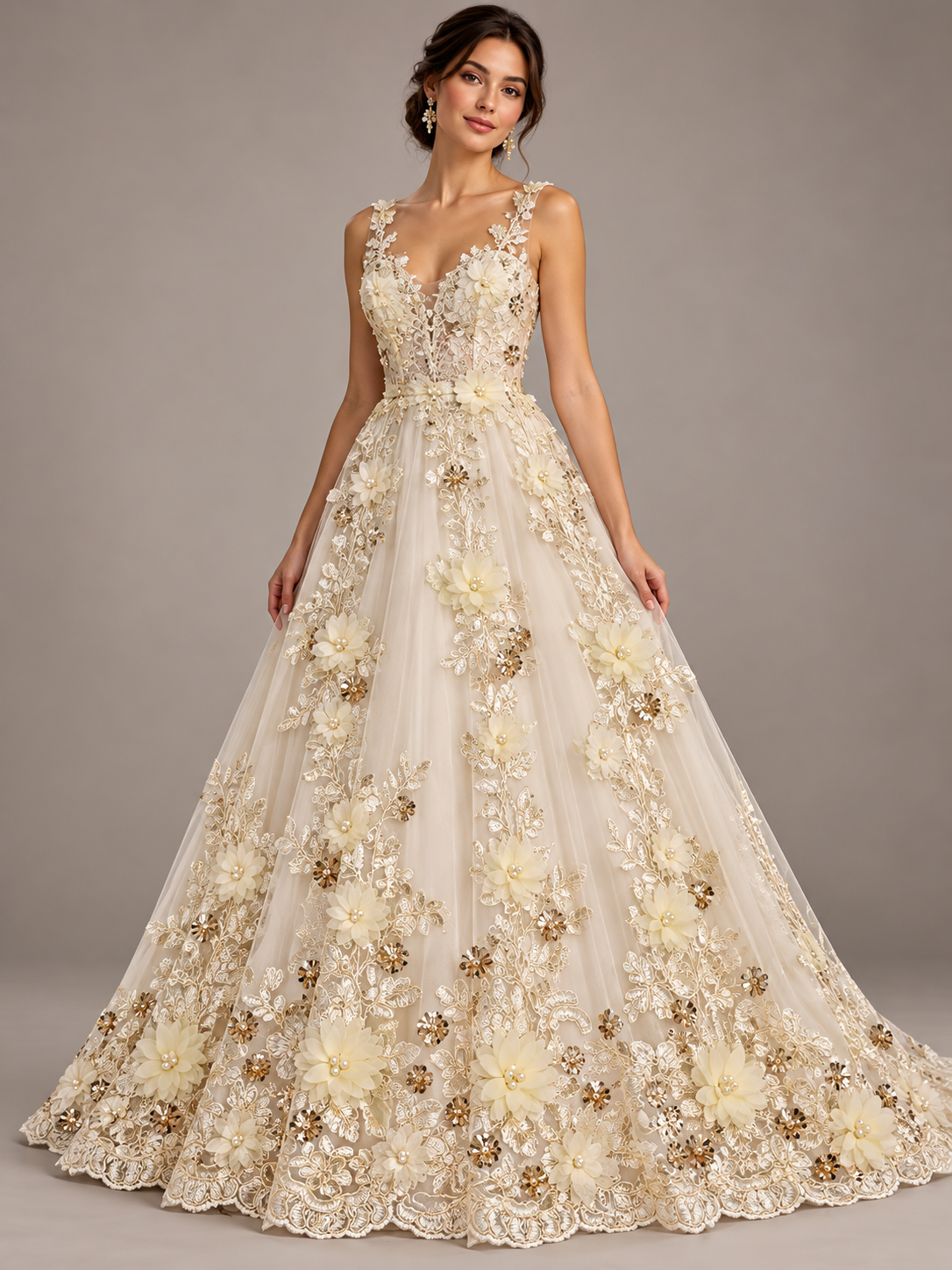 Tul bordado Con Flores 3d, Perla, Lentejuela Color Crema H134 — Palacio Glamour