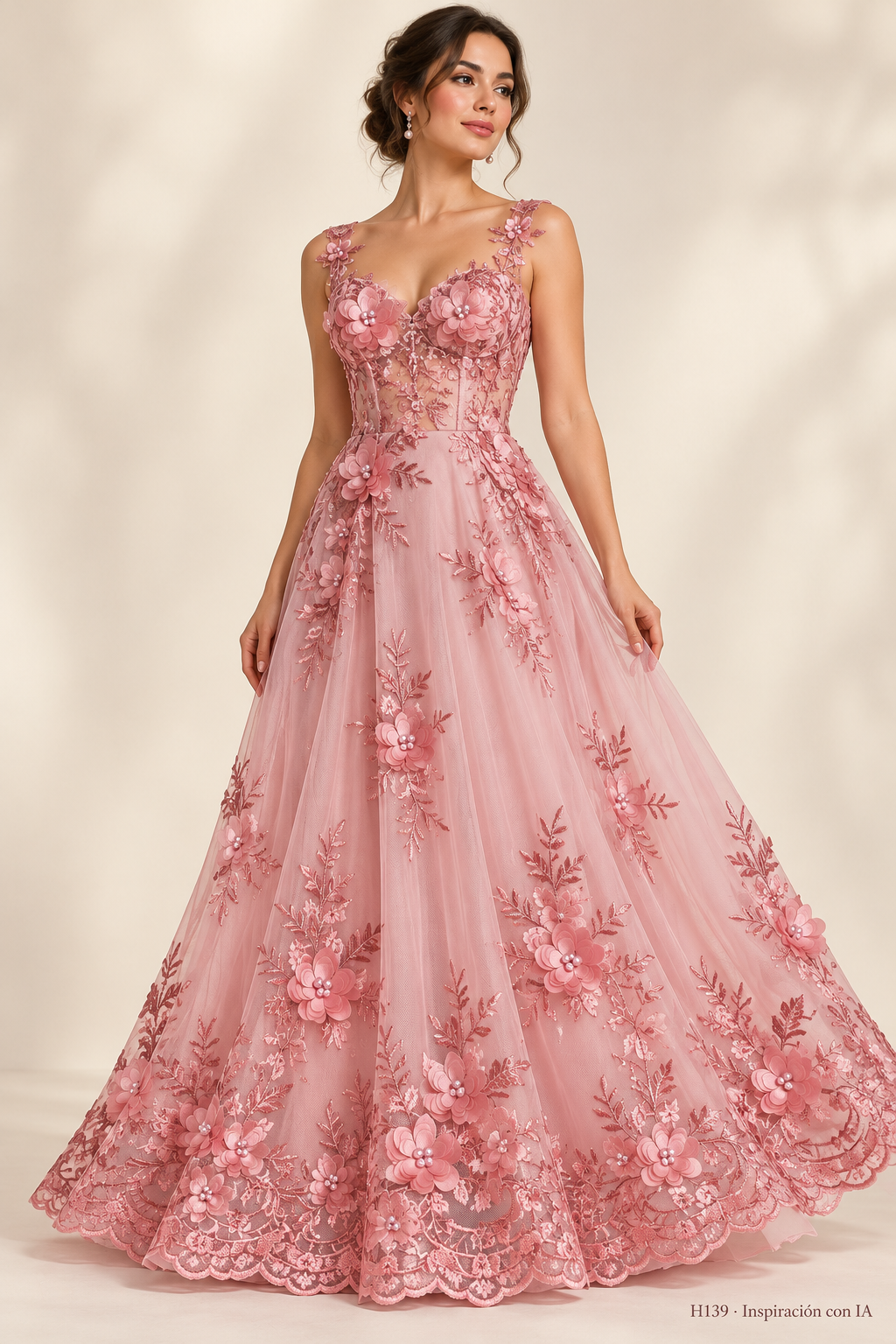 Tul bordado color rosa blush H139, para vestidos de noche de boda y de XV años — Palacio Glamour