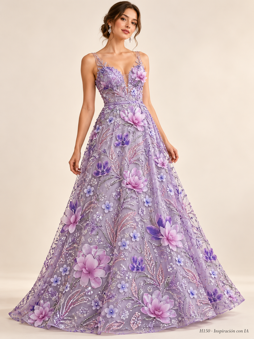 Tul bordado Con Flores 3d, Chaquira y Lentejuela Color Lila Morado H150 — Palacio Glamour
