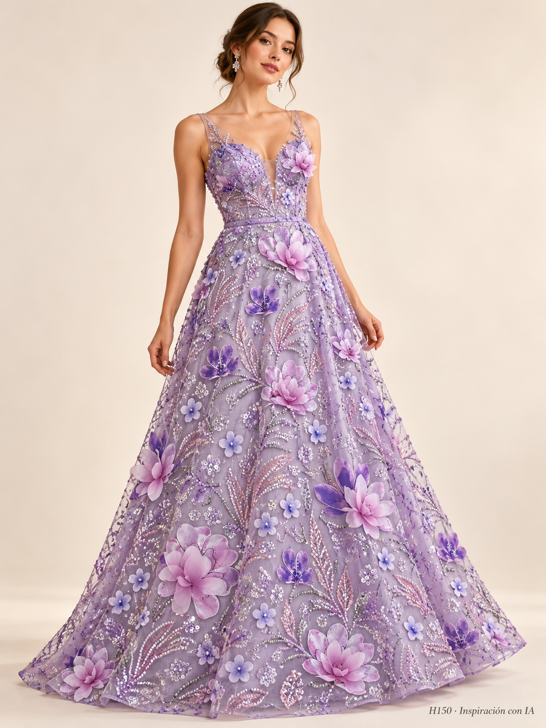 Tul bordado Con Flores 3d, Chaquira y Lentejuela Color Lila Morado H150 — Palacio Glamour
