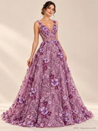 Tul bordado Con Flores 3d, Chaquira y Lentejuela Color Morado Uva H150 — Palacio Glamour