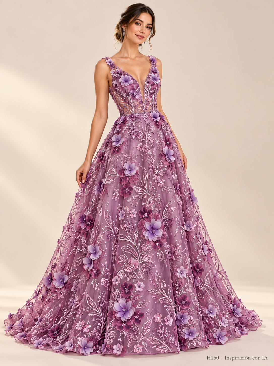 Tul bordado Con Flores 3d, Chaquira y Lentejuela Color Morado Uva H150 — Palacio Glamour