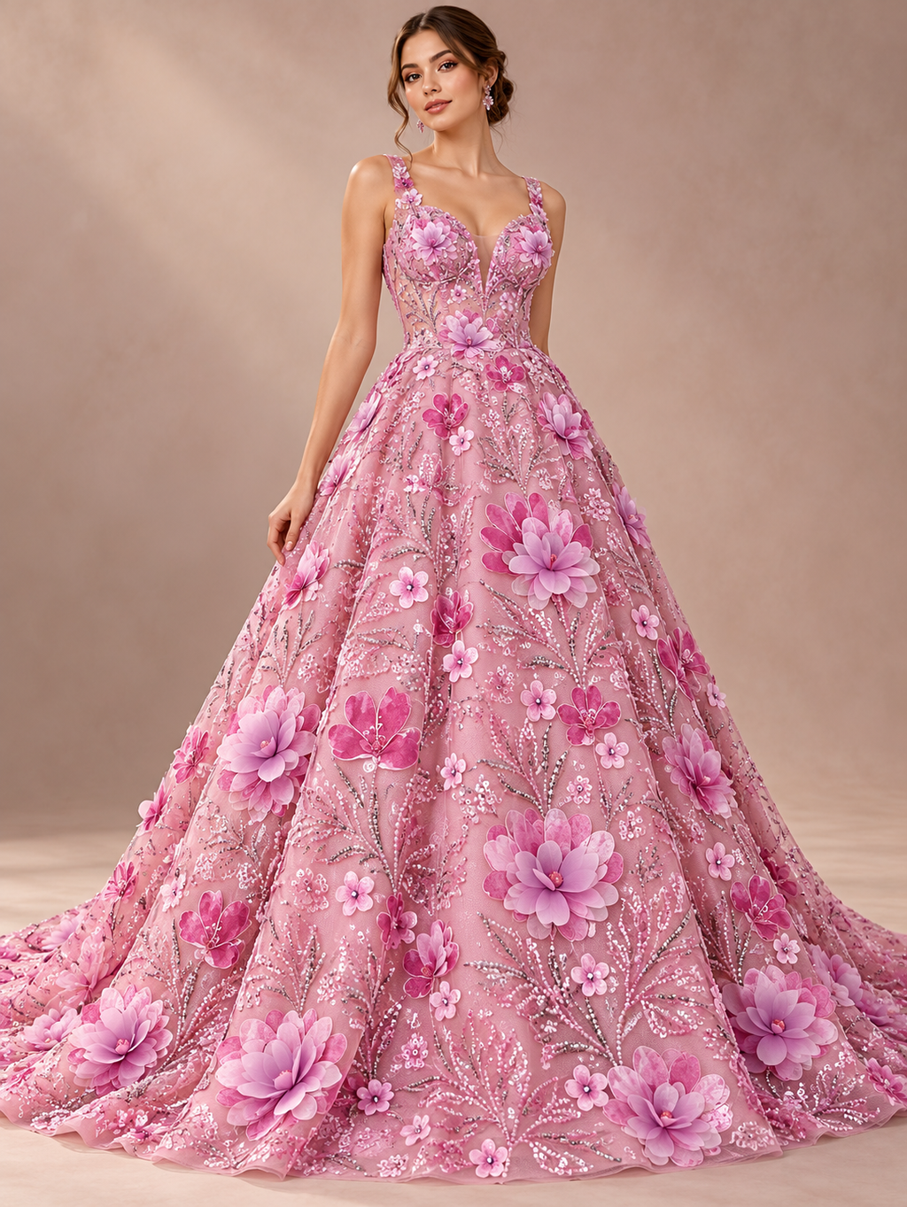 Tul bordado Con Flores 3d, Chaquira y Lentejuela Color Rosa H150 — Palacio Glamour