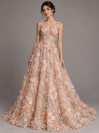 Tul bordado Con Flores 3d, Chaquira y Lentejuela Color Melon H150 — Palacio Glamour