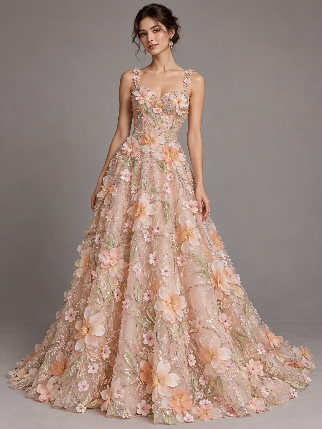 Tul bordado Con Flores 3d, Chaquira y Lentejuela Color Melon H150 — Palacio Glamour