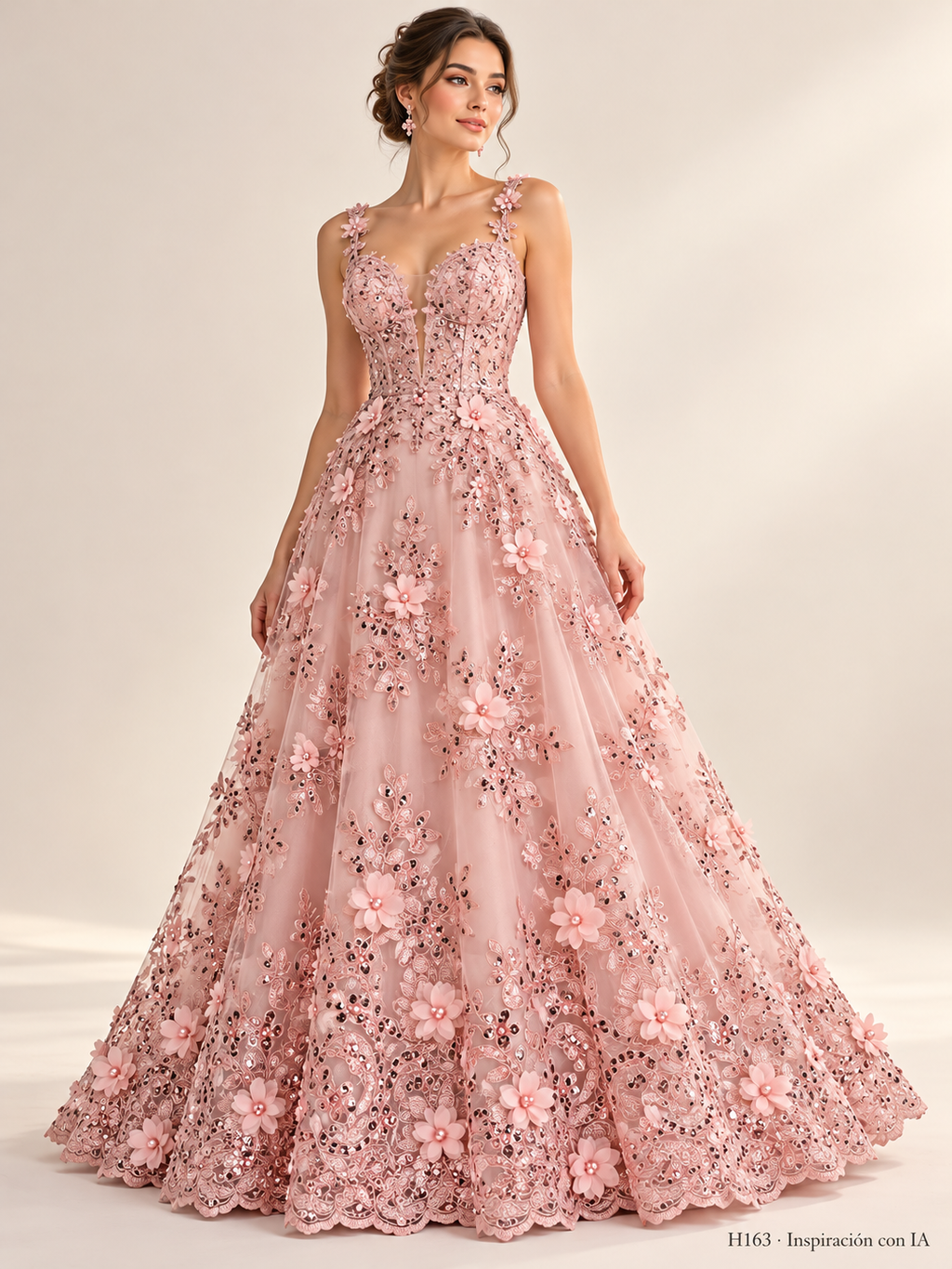 Tul bordado color rosa pastel H163, para vestidos de noche de boda y de XV años — Palacio Glamour
