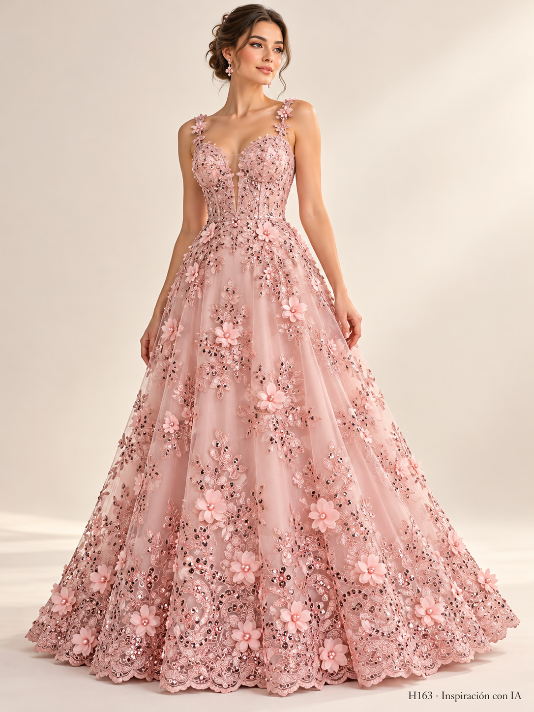 Tul bordado color rosa pastel H163, para vestidos de noche de boda y de XV años — Palacio Glamour