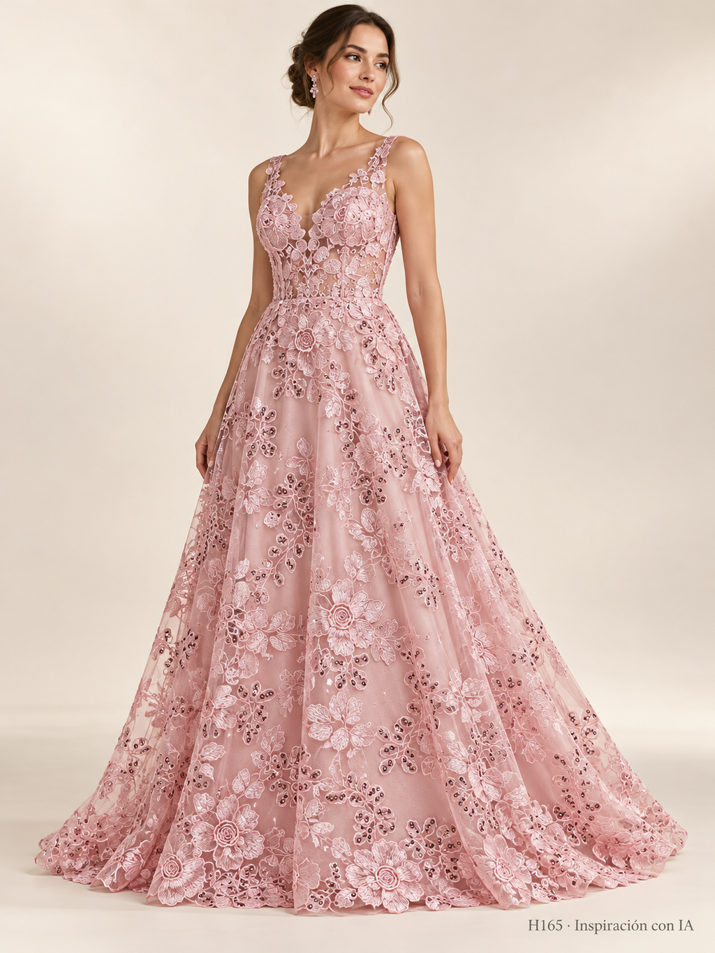 Tul bordado color rosa claro H165, para vestidos de noche de boda y de XV años — Palacio Glamour