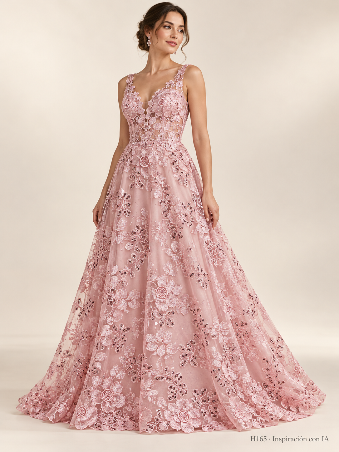 Tul bordado color rosa claro H165, para vestidos de noche de boda y de XV años — Palacio Glamour