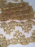 Tul Bordado Con Diseño Floral Con Lentejuela Color Oro- HH143 — Palacio Glamour