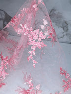 Tul Bordado Con Floral, Lentejuela Y Chaquira Color Rosa Pastel- HH161 — Palacio Glamour