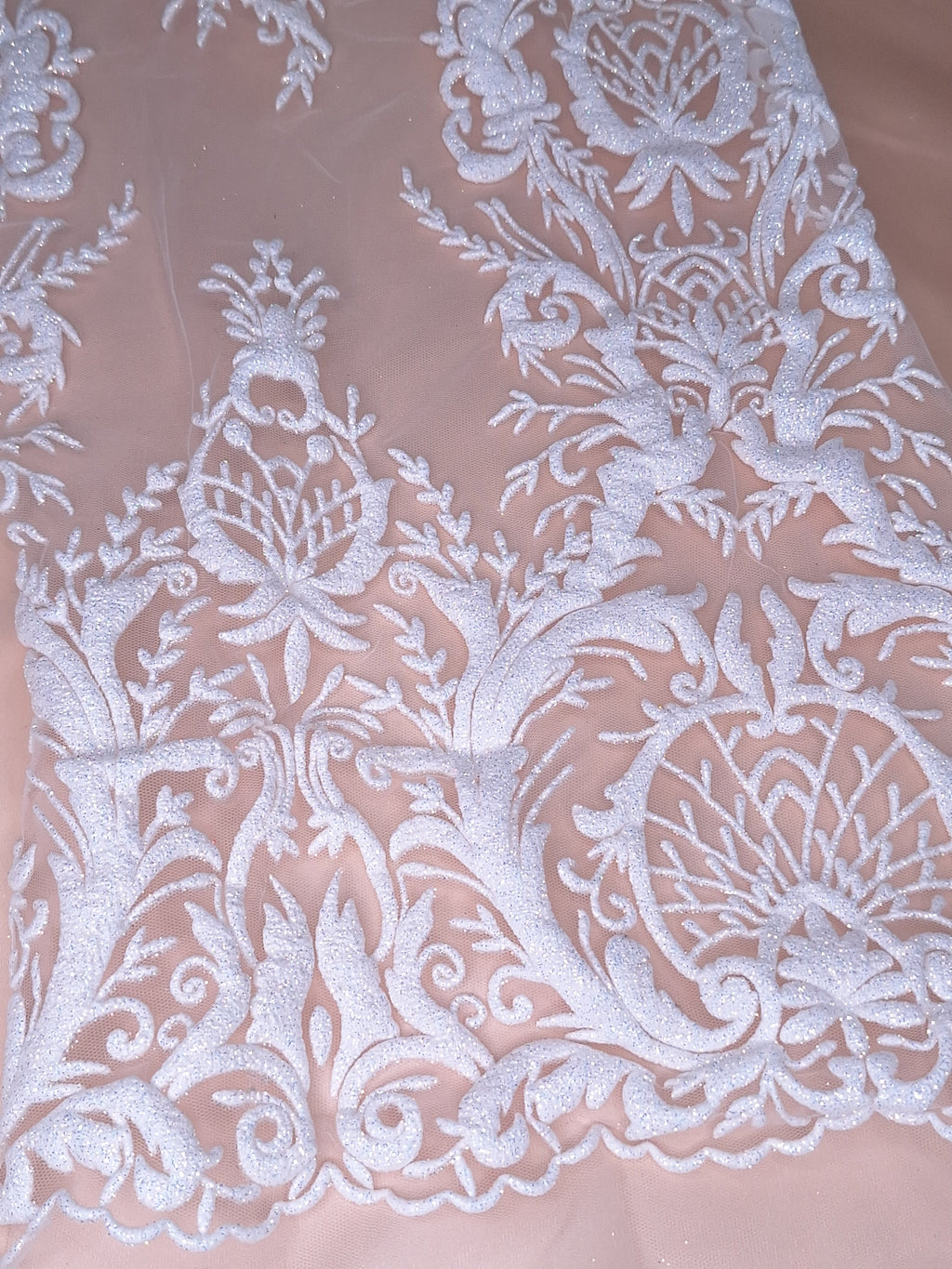 Tul Bordado Con Diseño En Acabado Glitter Color Blanco- HH169 — Palacio Glamour